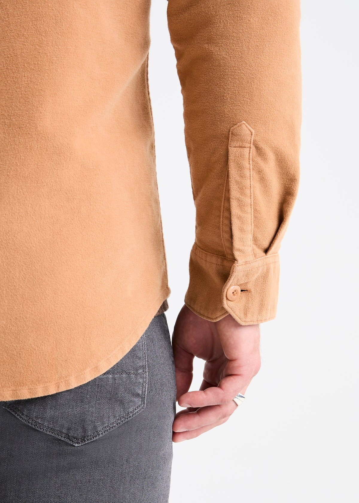 mens light brown relaxed moleskin button up shirt sleeve button detail