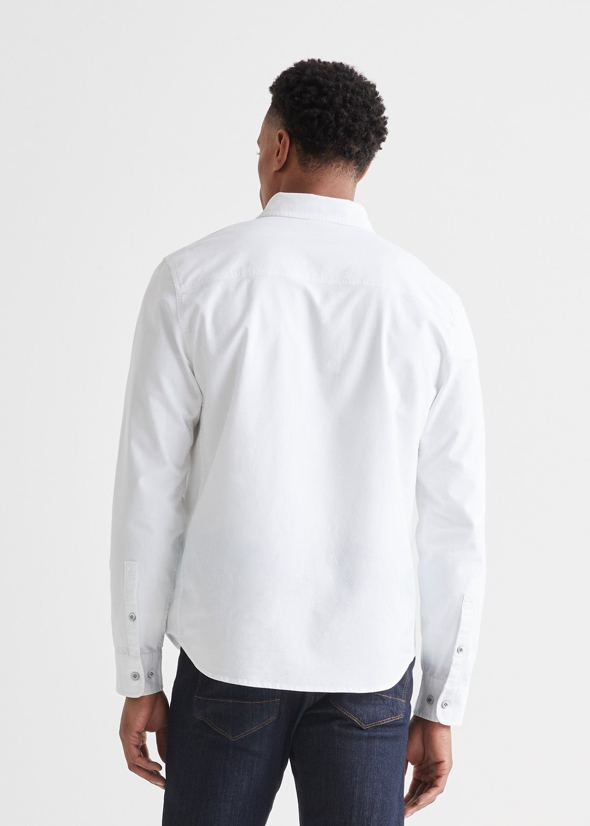 mens white stretch button down shirt back