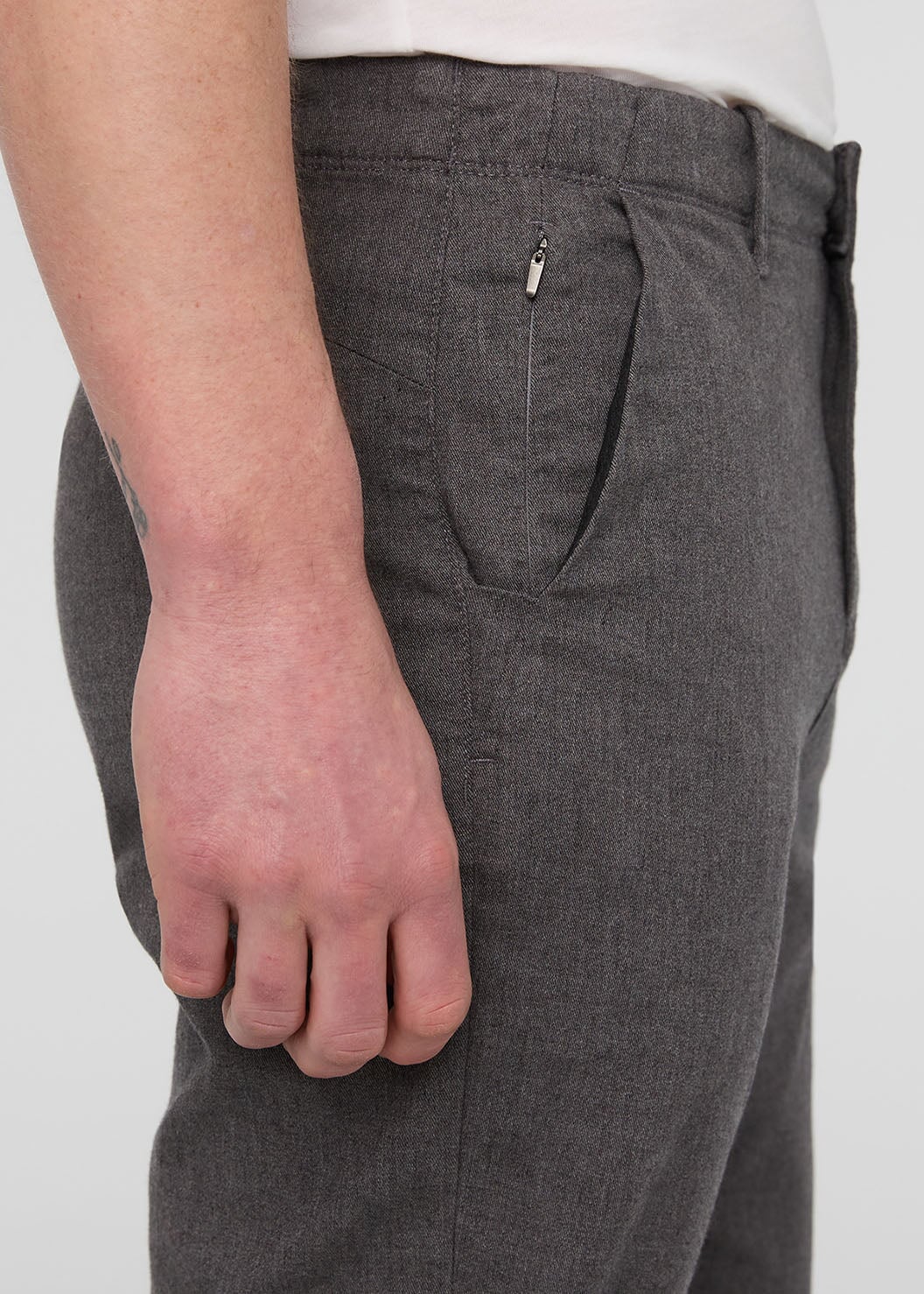 mens stretch heather grey chino pants side zip pocket