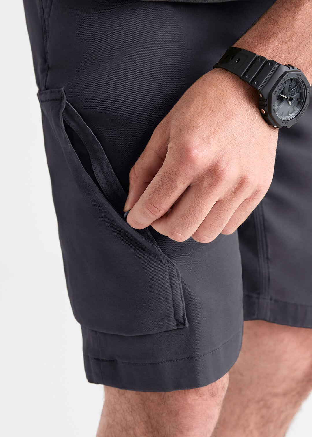 mens dark grey athletic adventure short thigh zip pocket