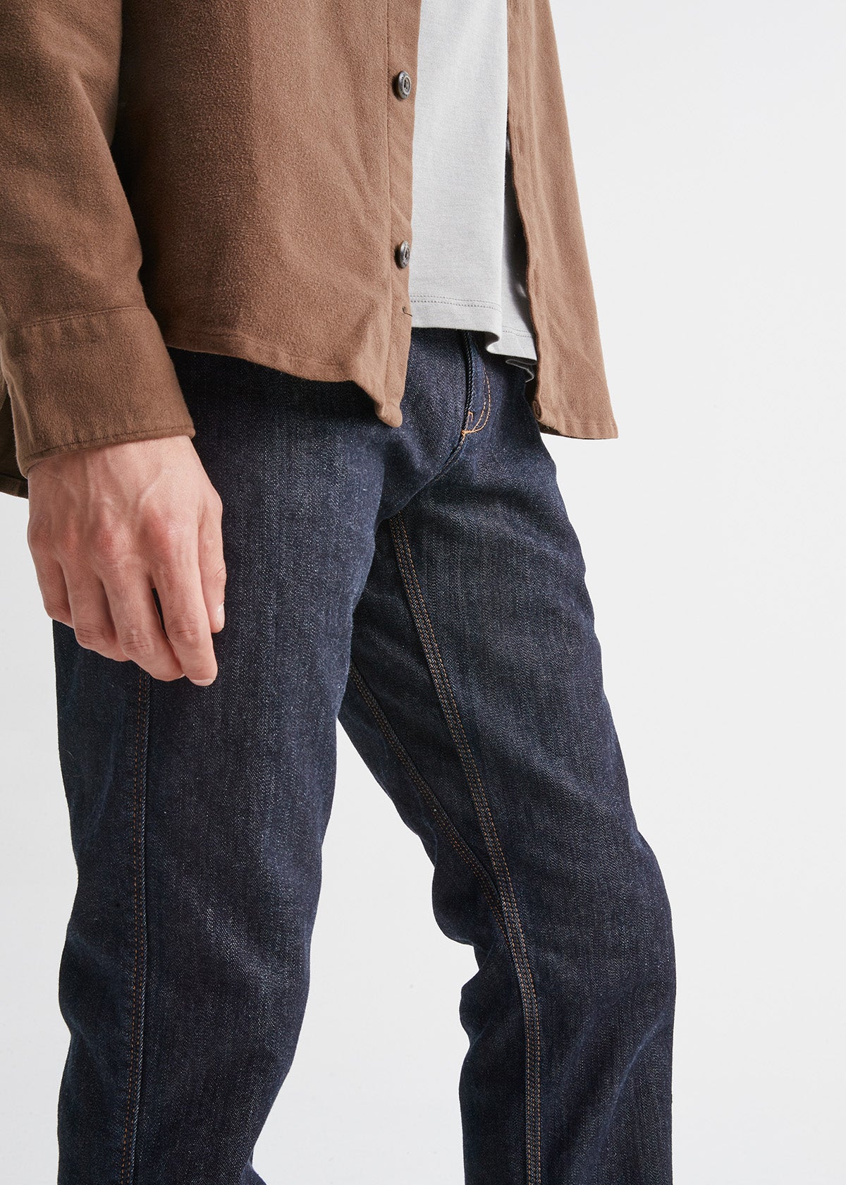 mens dark wash slim fit fleece stretch jeans gusset detail