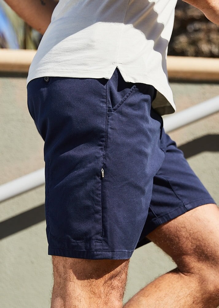 mens dark blue slim fit lightweight shorts lifestyle close up