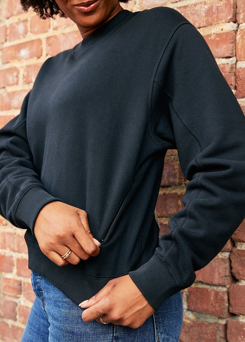 womens black brushed terry performance crew fleece side zip pocket detail