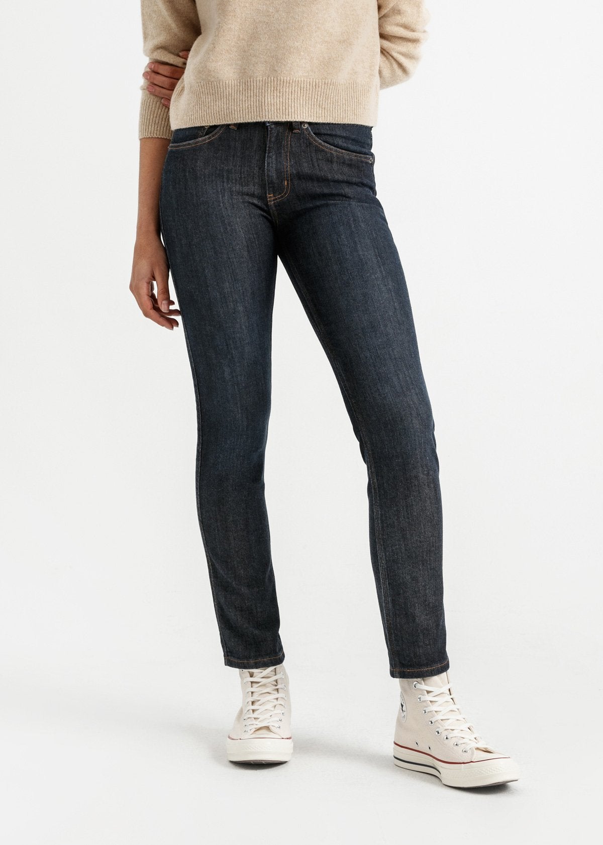 womens dark wash slim straight fit warm stretch jeans front
