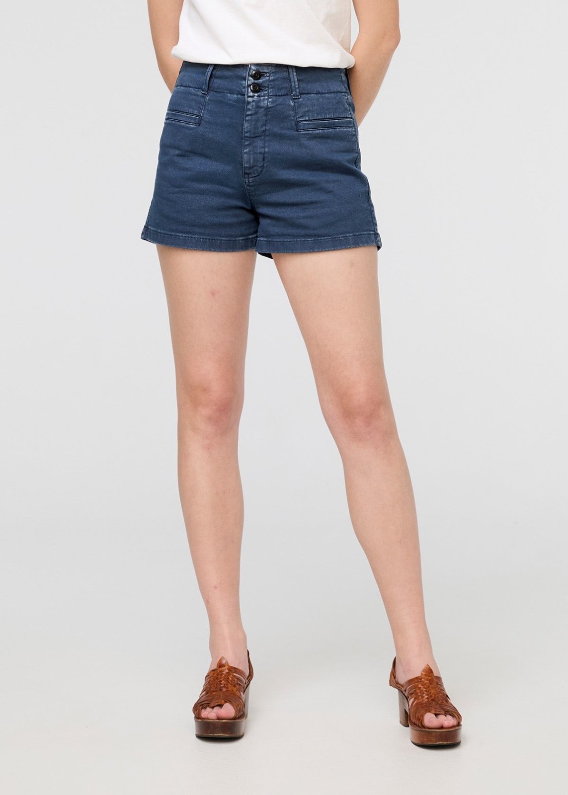 womens blue high rise a-line shorts front