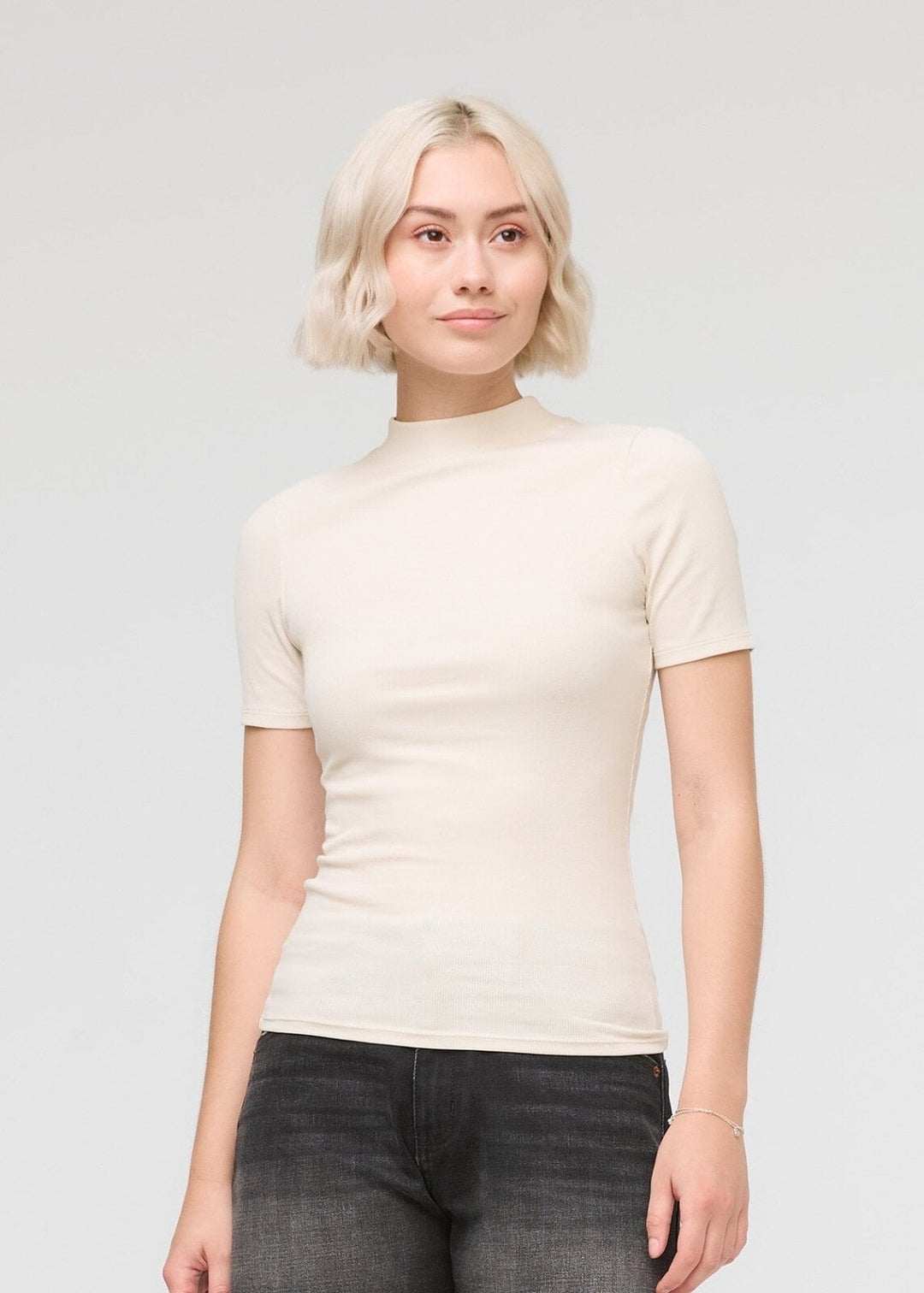 Women's Off-White Pima Cotton Mock Neck T-Shirt