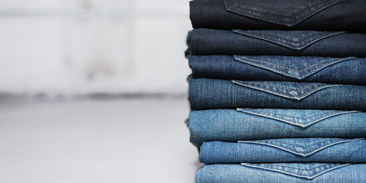 Shades of DUER Denim stacked on each other