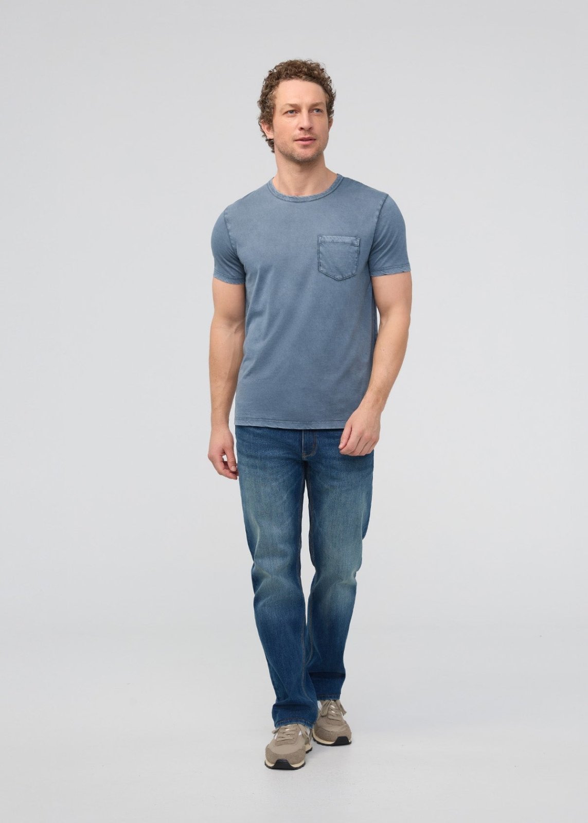Men's Pima Cotton Vintage Style Washed Stone Blue T-Shirt Full Body