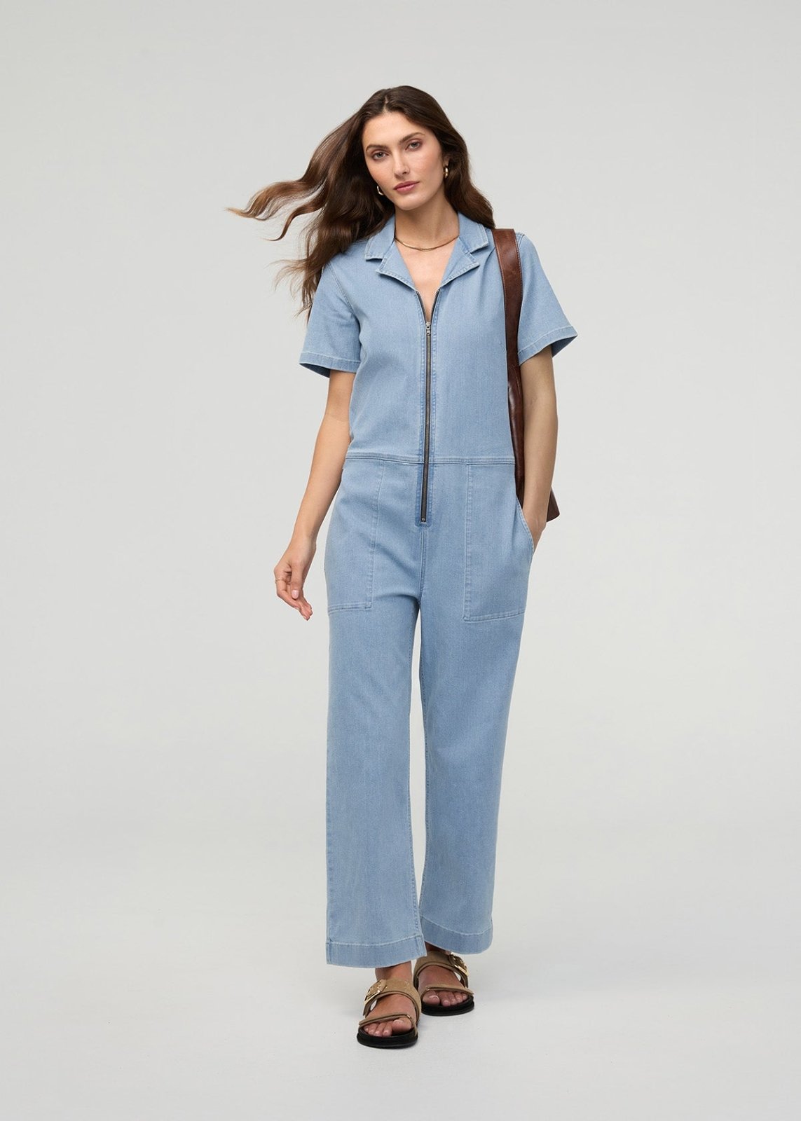 Women's Desert Blue Short Sleeve Denim Jumpsuit Full Body Styled