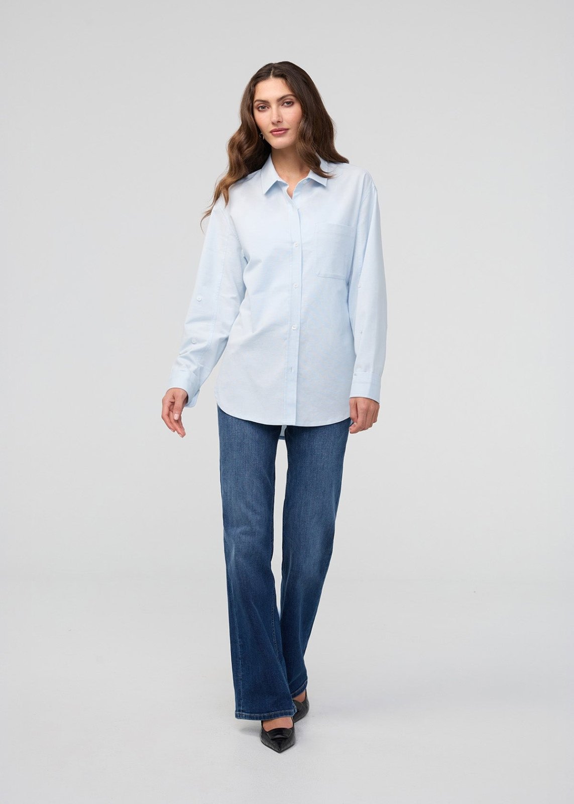 women's fog blue oxford relaxed button down full body
