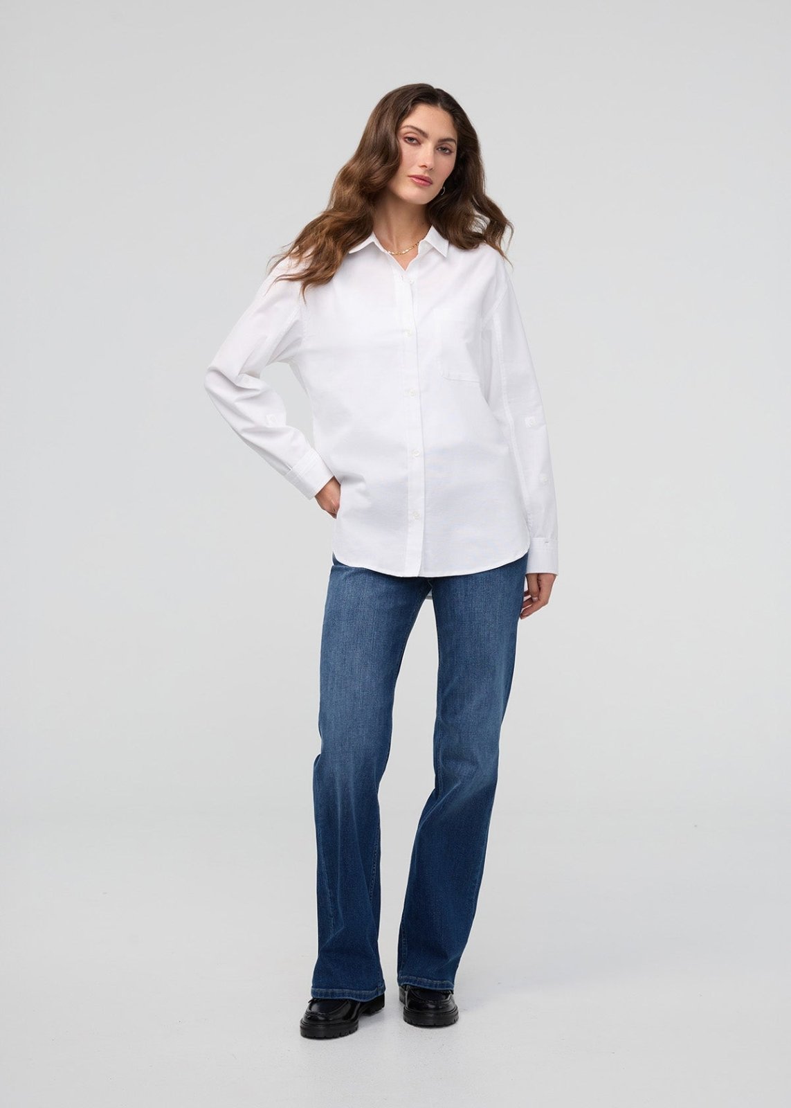 womens white oxford relaxed button down full body