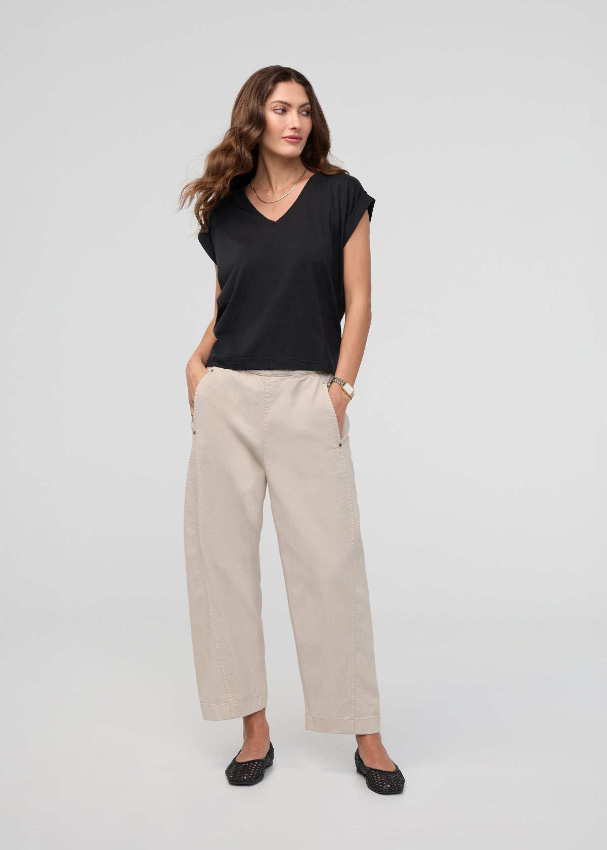 Women's Black Pima Cotton Dolman V-Neck Full Body