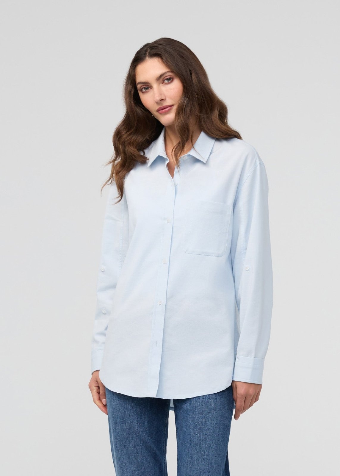 women's fog blue oxford relaxed button down front