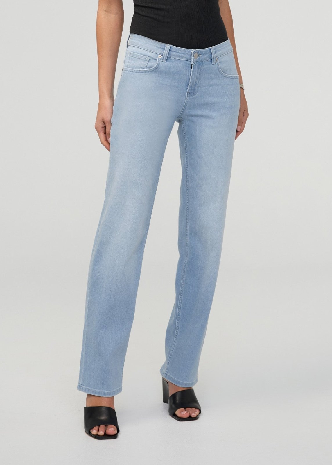 Womens Desert Blue Mid Rise Straight Stretch Jeans front