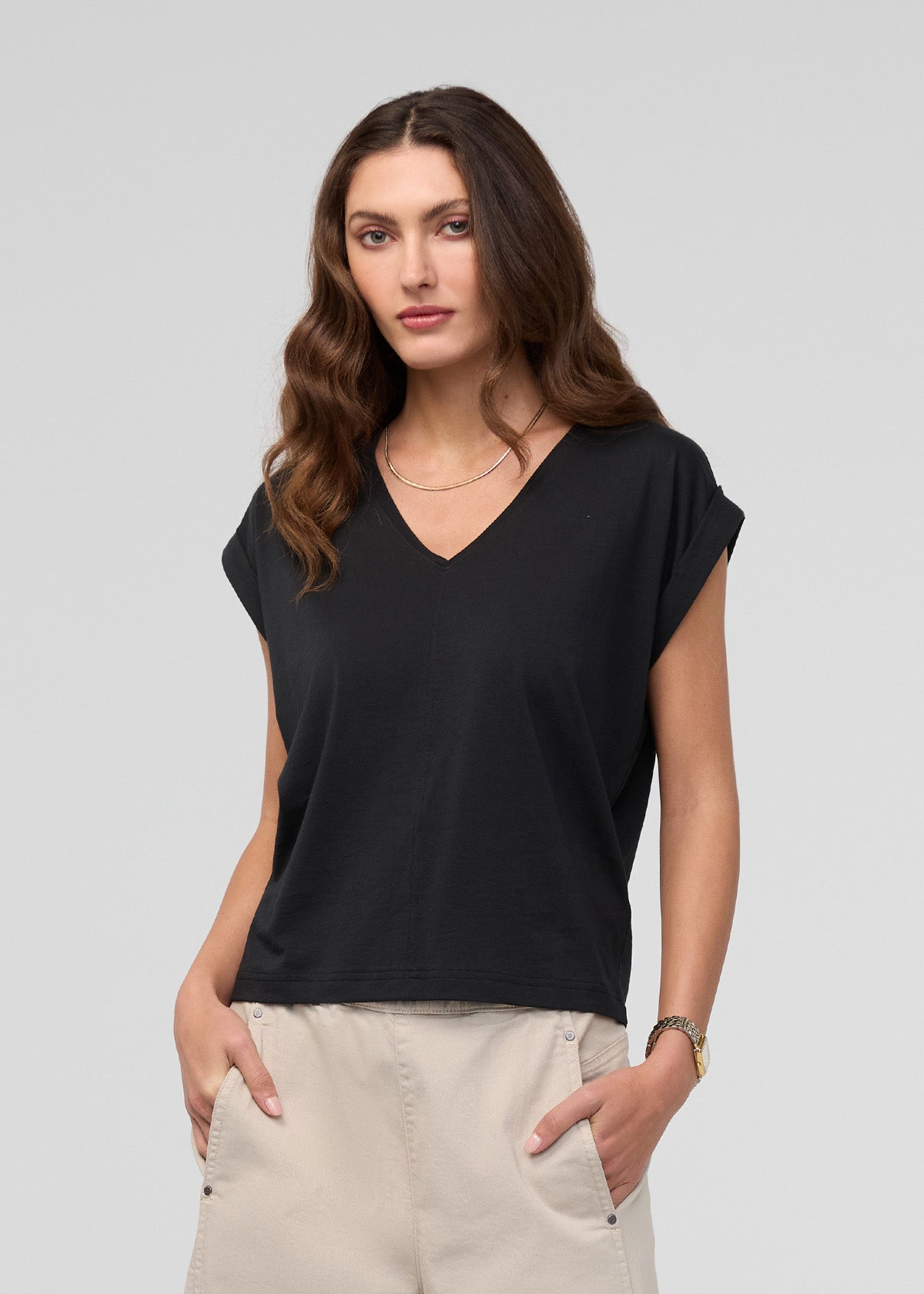 Women's Black Pima Cotton Dolman V-Neck Front