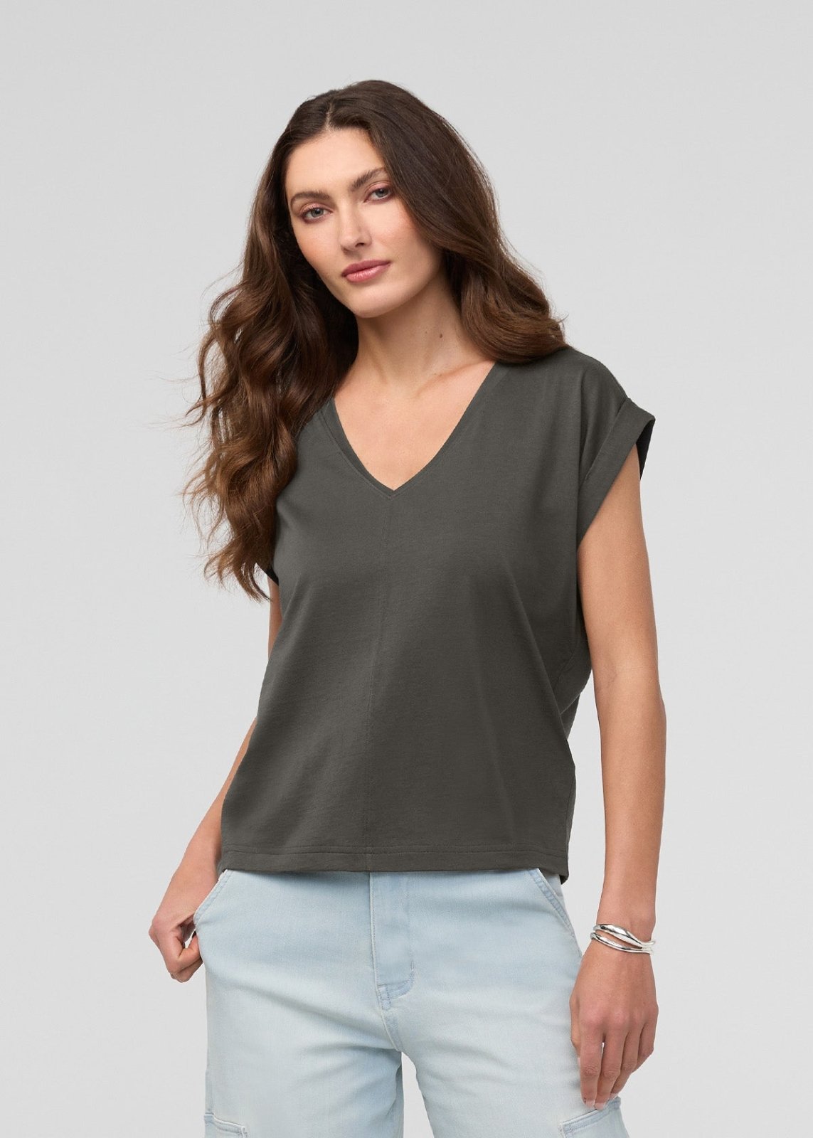 Women's Evergreen Pima Cotton Dolman V-Neck Front
