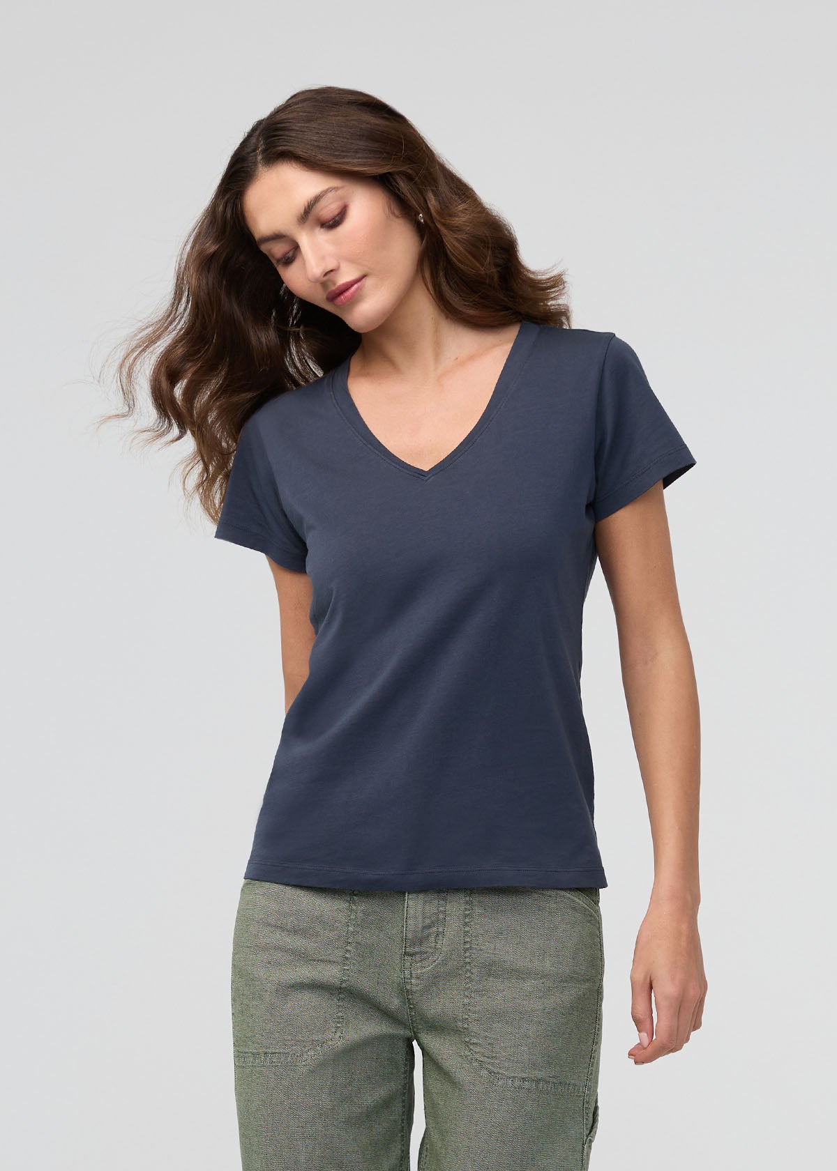 Women's Navy Pima Cotton V-Neck Front