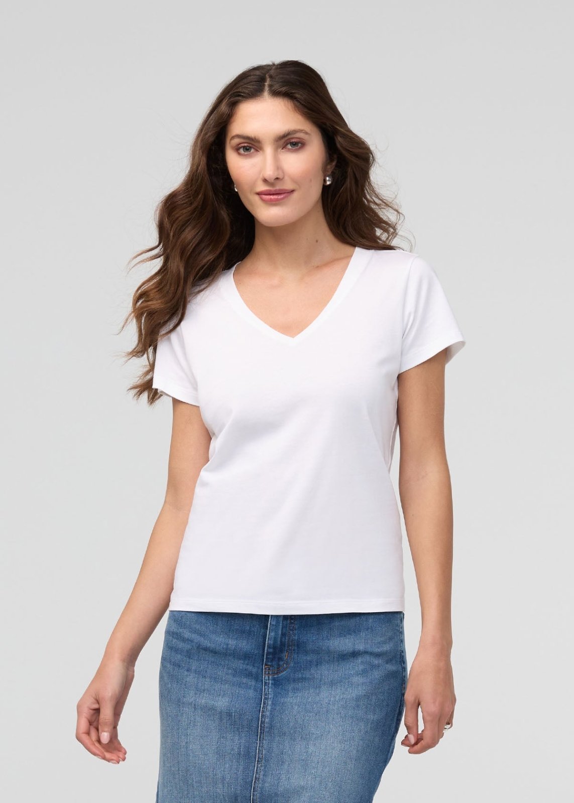 Women's White 100% Pima Cotton V-Neck Front