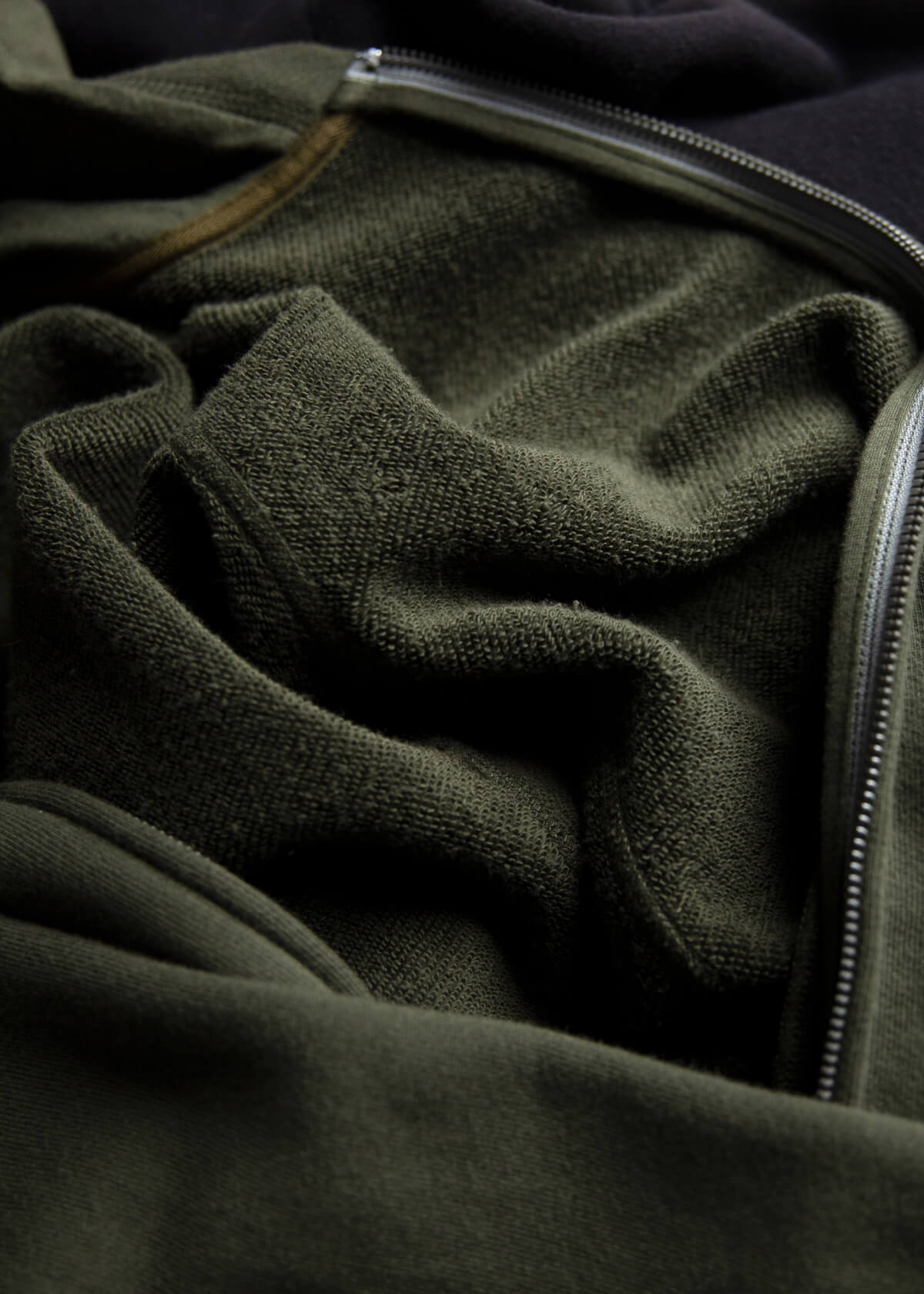 mens green brushed terry zip up hoodie inside fleece flat lay