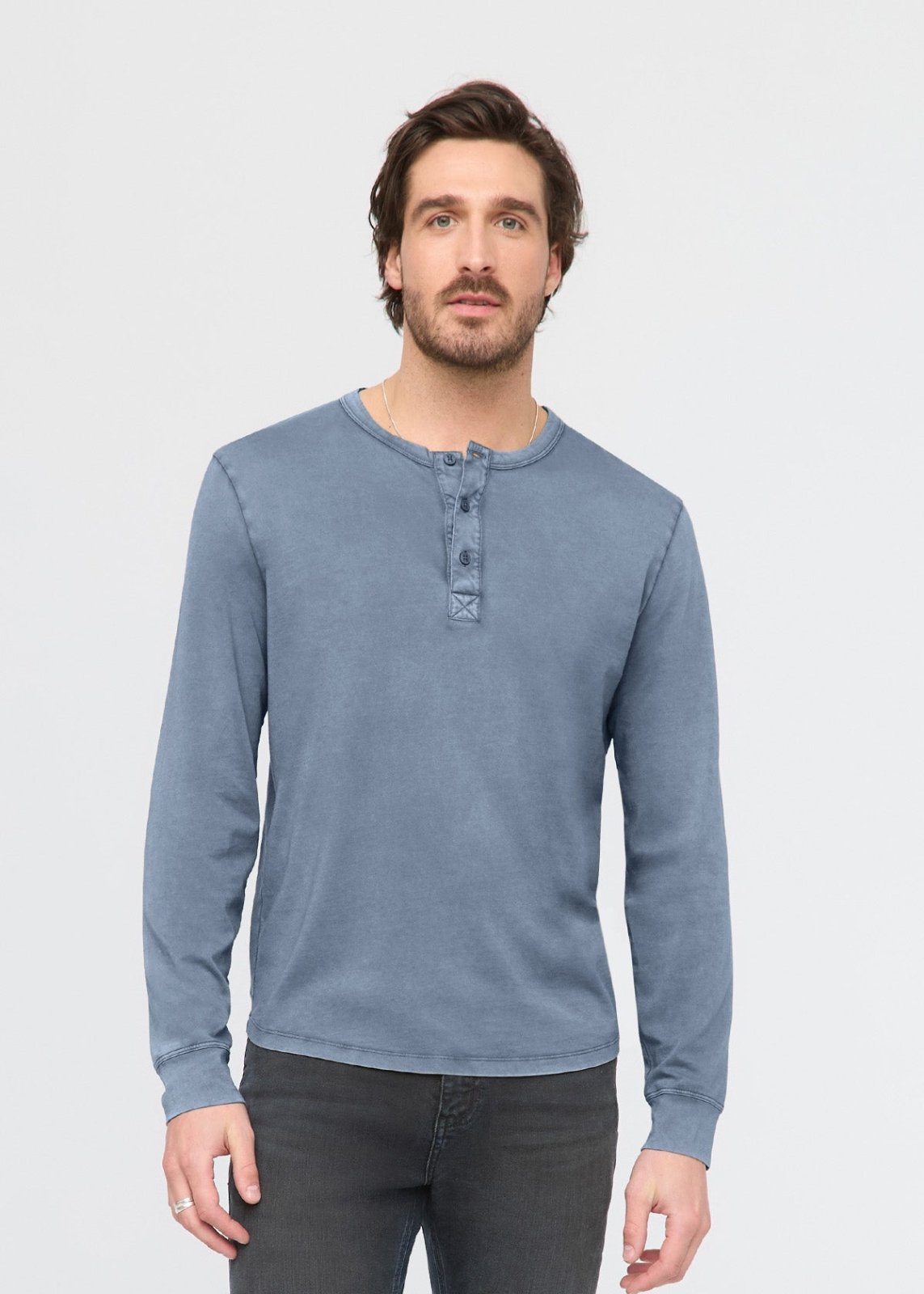 mens 100% pima cotton washed stone blue henley long sleeve front