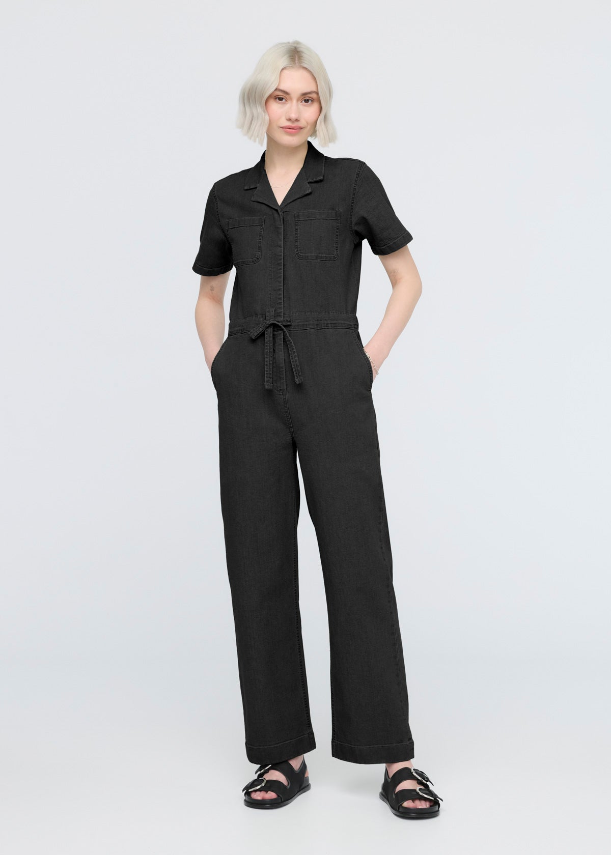 women's black stretch canvas girlfriend jumpsuit front