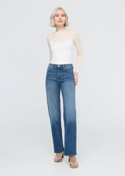 women's mid blue high rise straight jeans full body