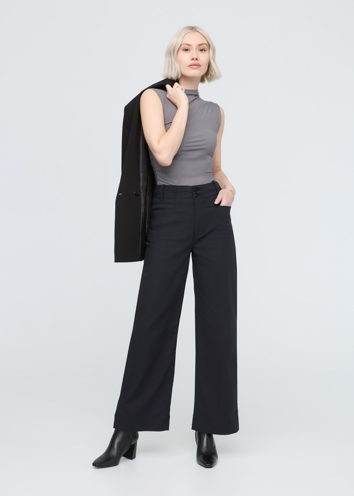 womens black high rise wide leg trouser full body