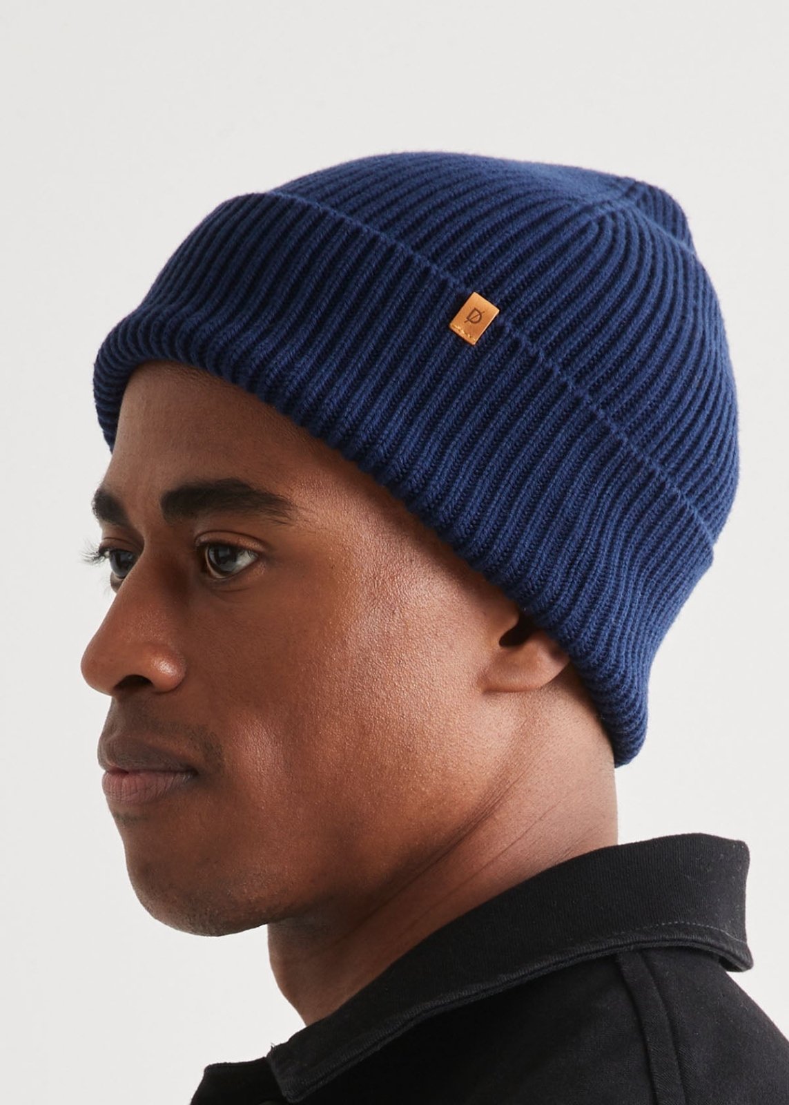 man wearing unisex warm merino navy toque side