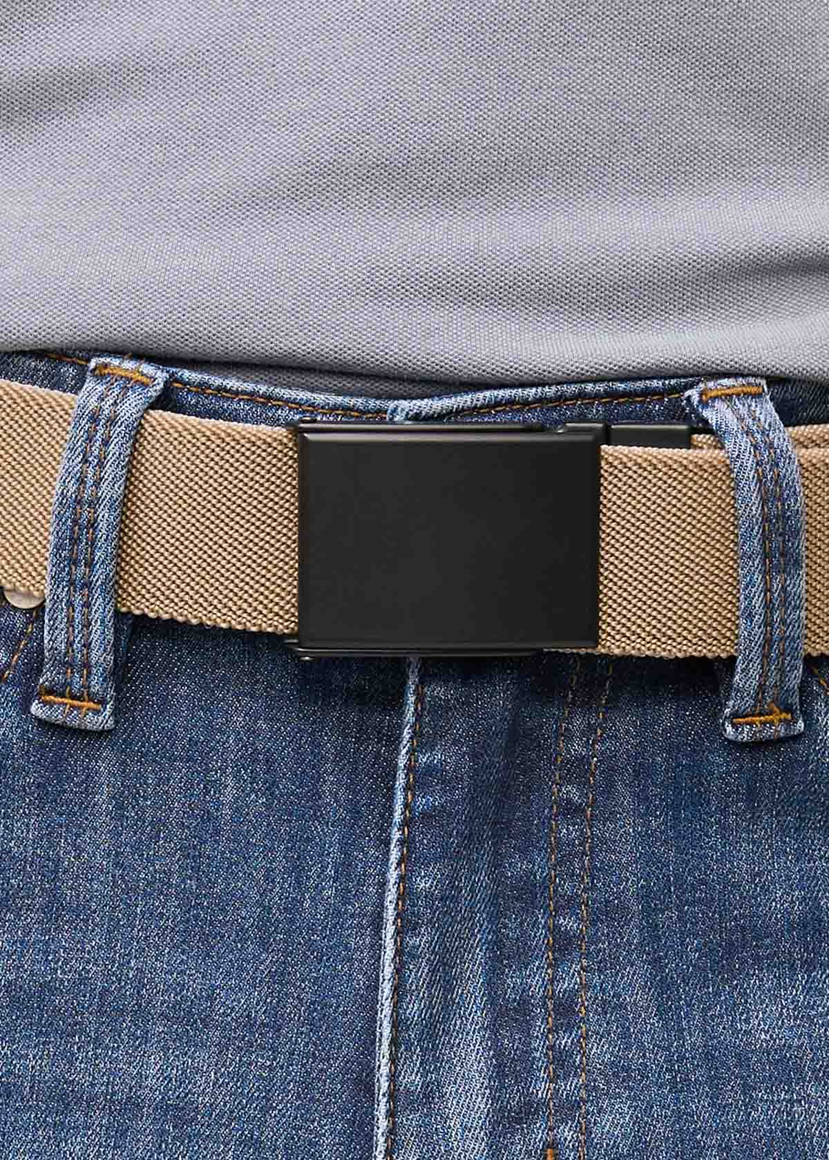 mens silver and tan reversible stretch belt buckle detail