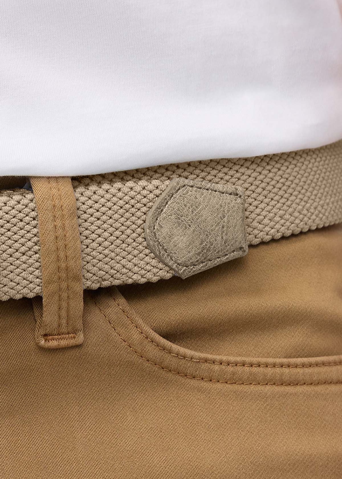 performance stretch braided khaki belt leather detail