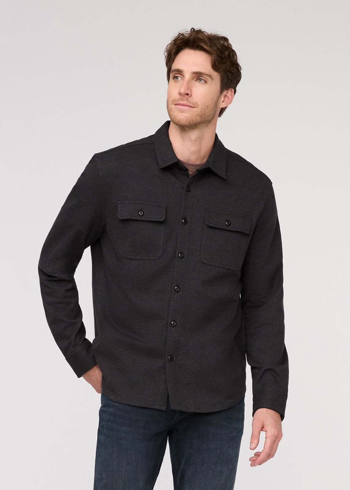 mens heather black flannel button down front