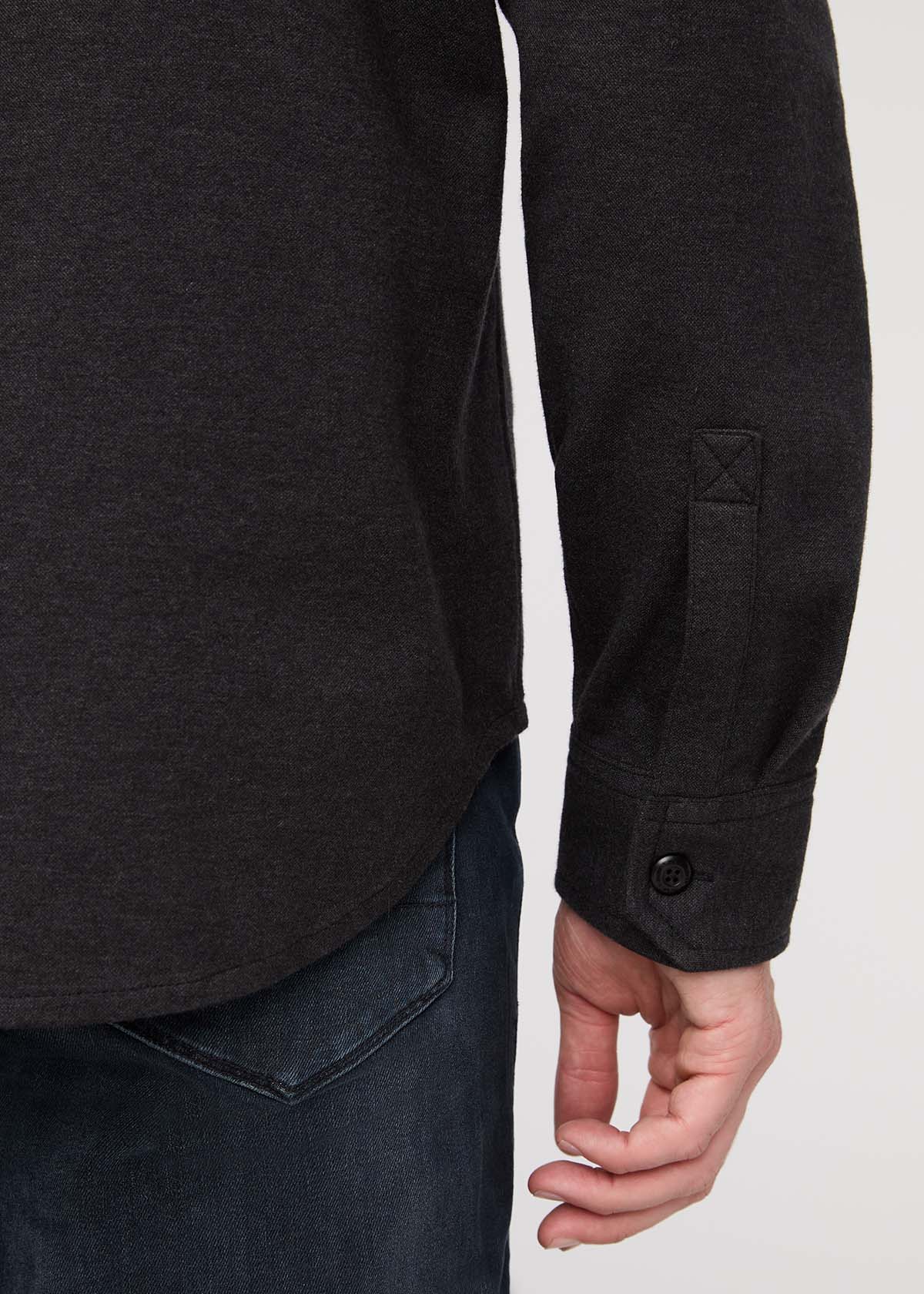 mens heather black flannel button down sleeve button detail