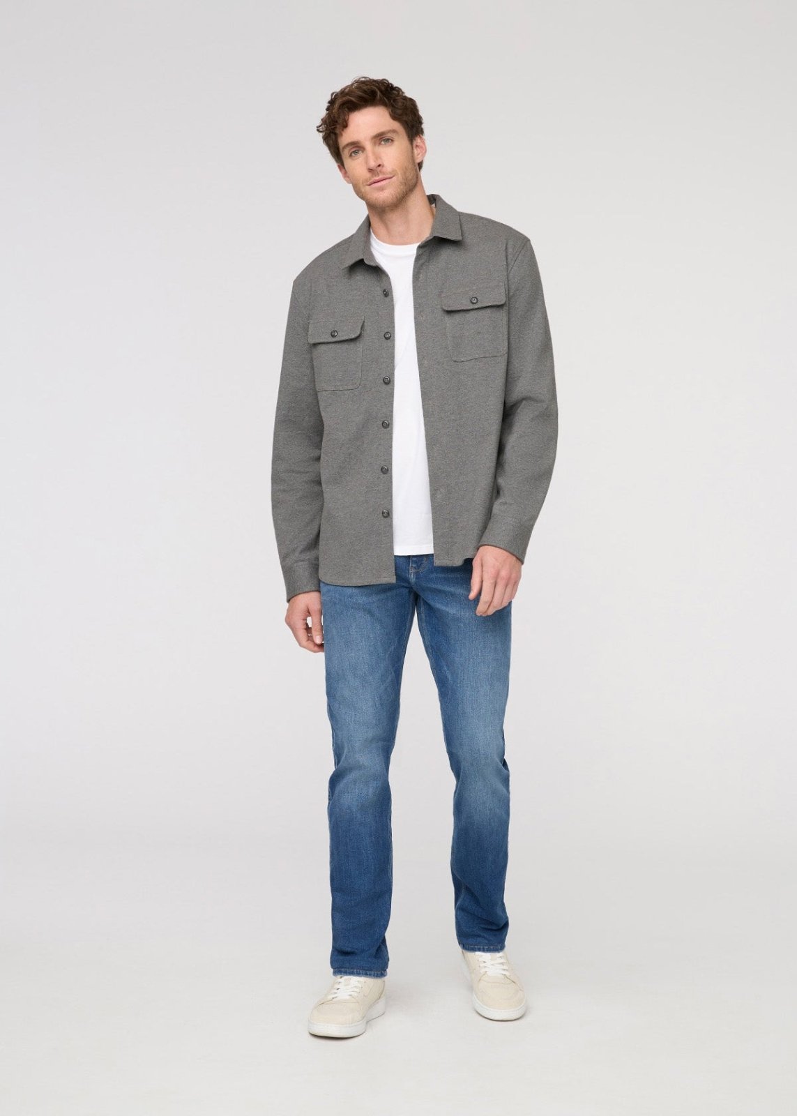 mens heather grey flannel button down full body