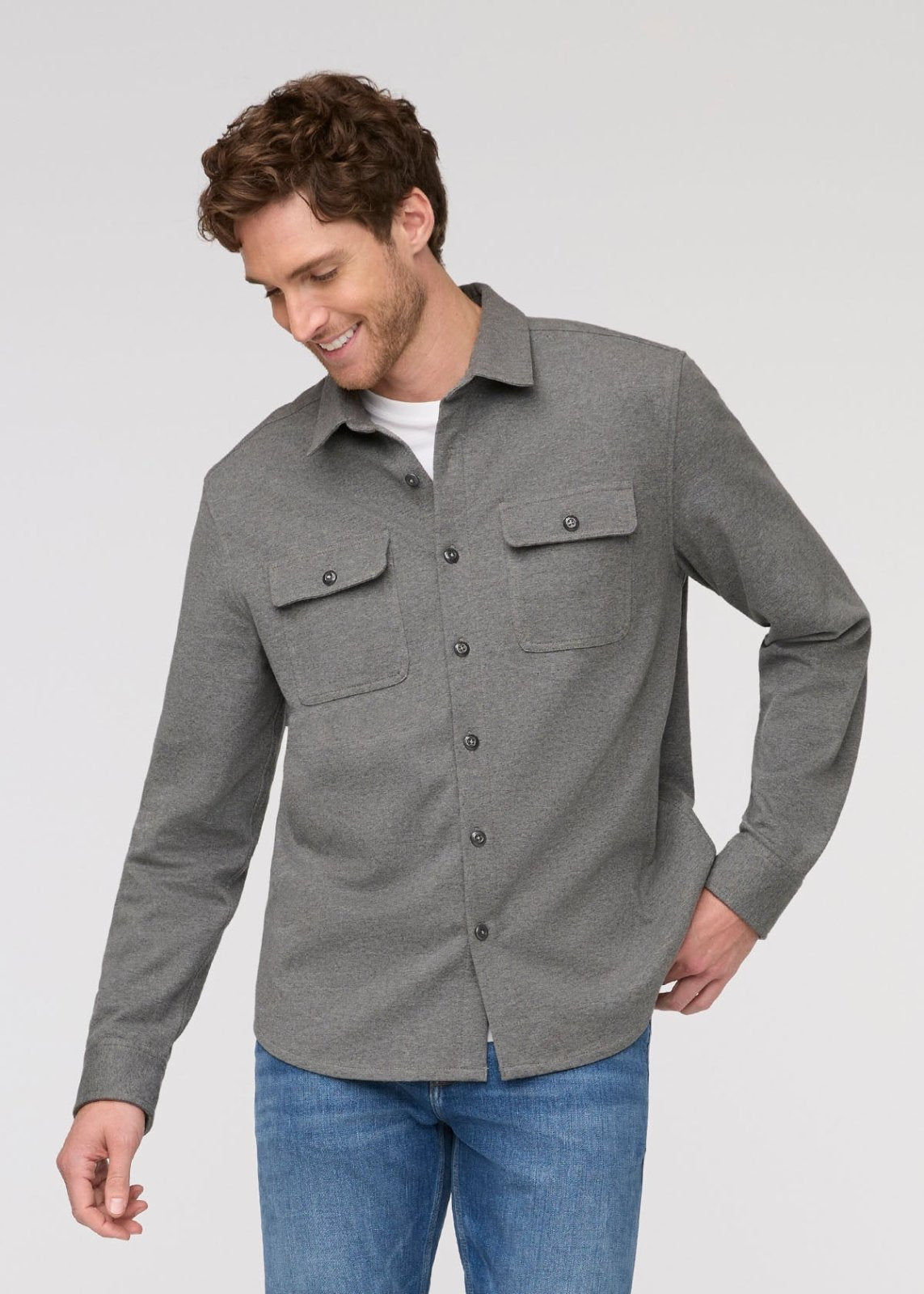 mens heather grey flannel button down front