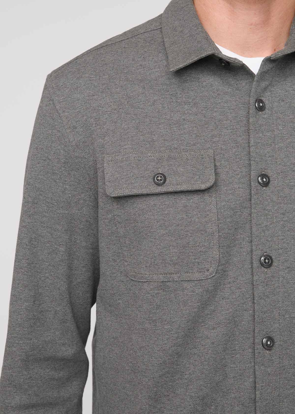 mens heather grey flannel button down front collar, pocket and buttons detail