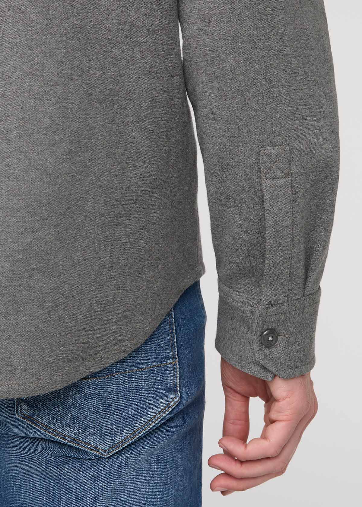 mens heather grey flannel button down sleeve button detail