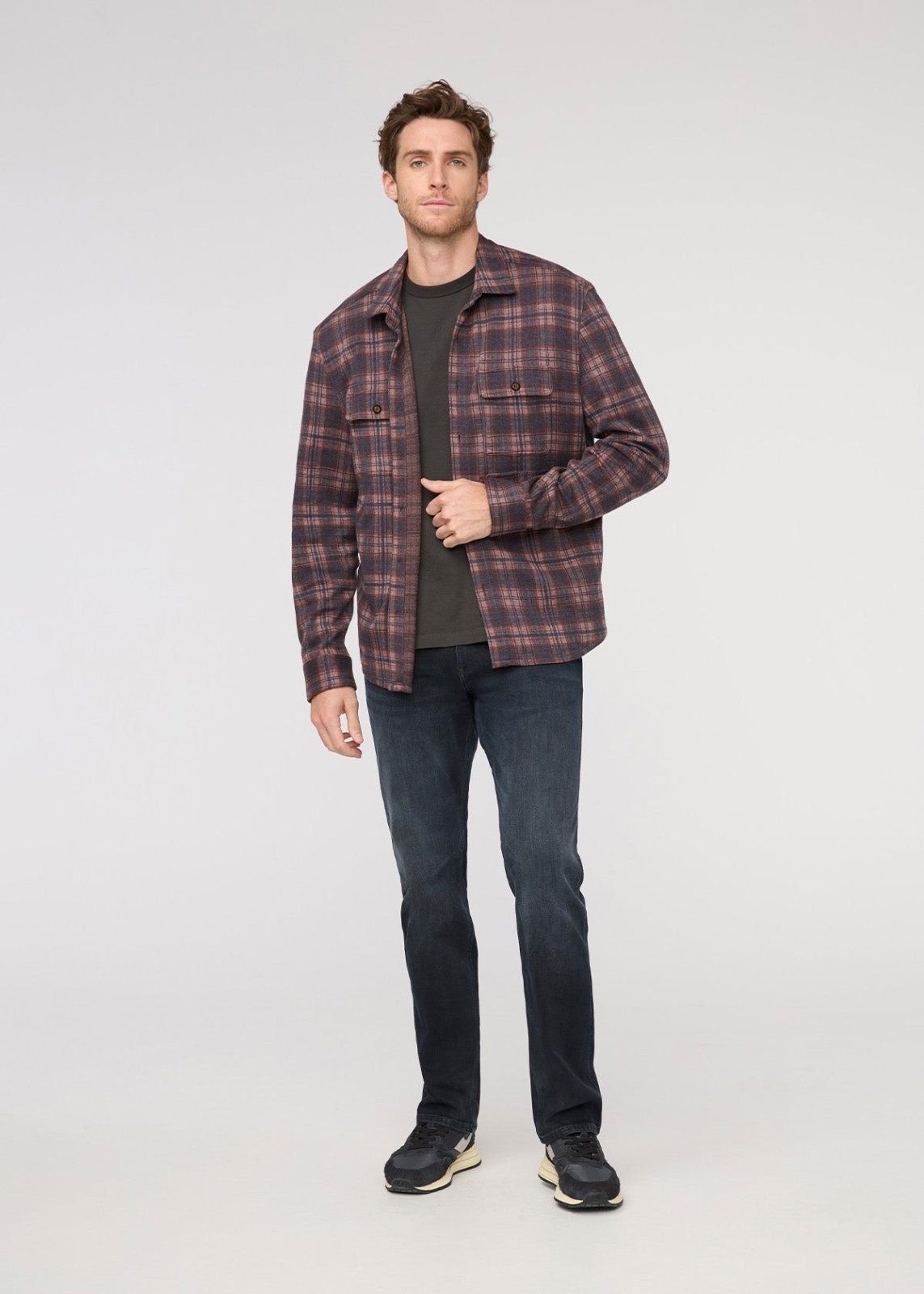 mens mauve plaid performance flannel button down full body