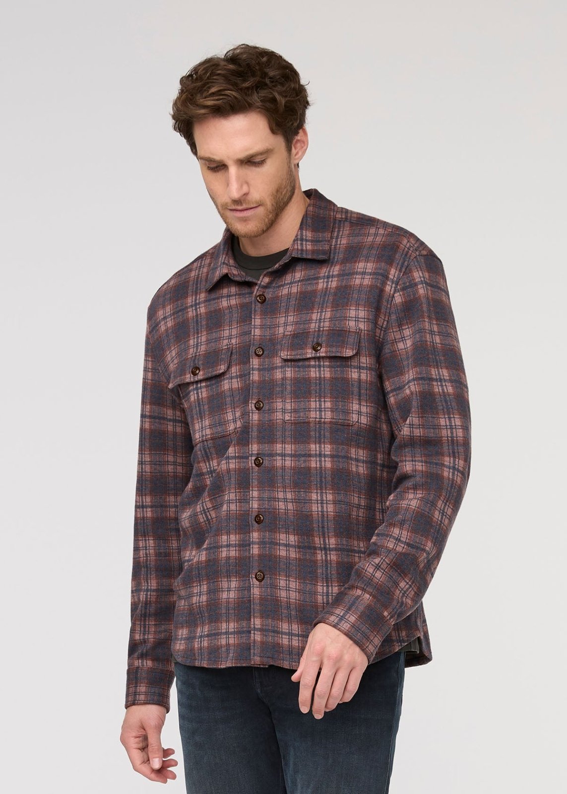mens mauve plaid performance flannel button down front