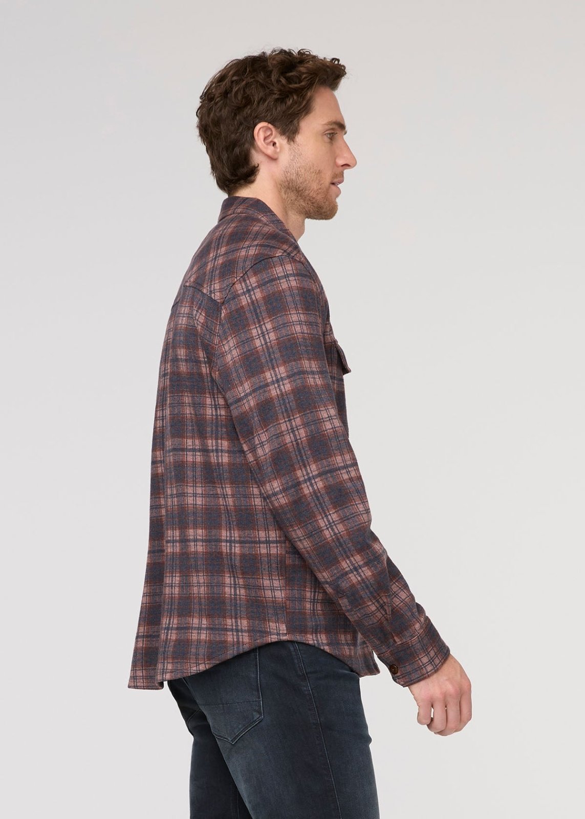 mens mauve plaid performance flannel button down side