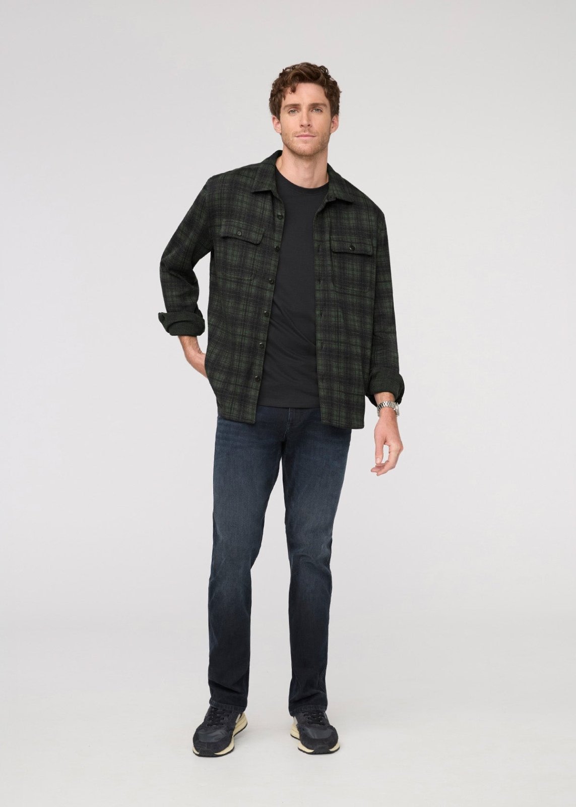 mens peat plaid performance flannel button down full body