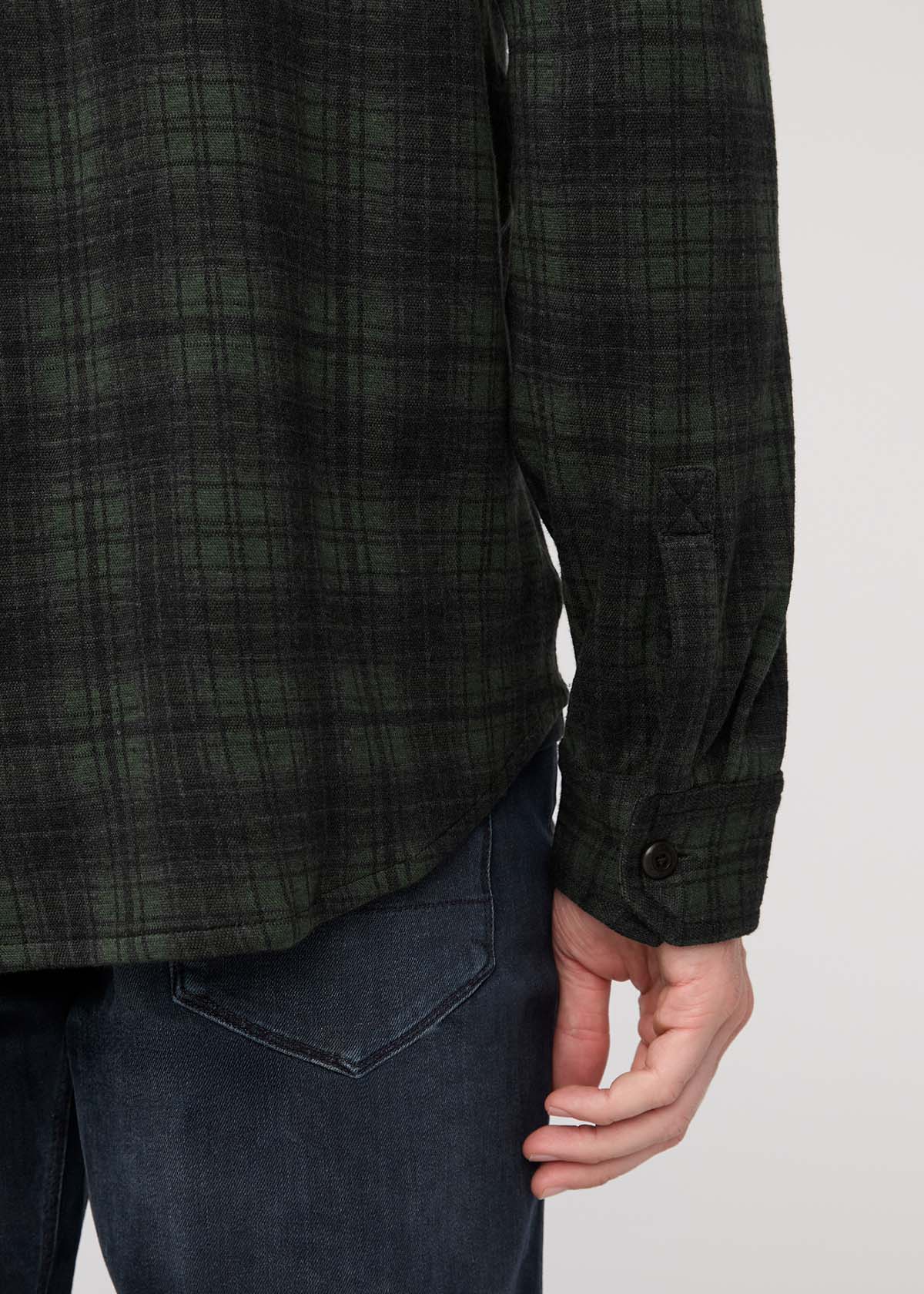 mens peat plaid performance flannel button down sleeve and hem detail