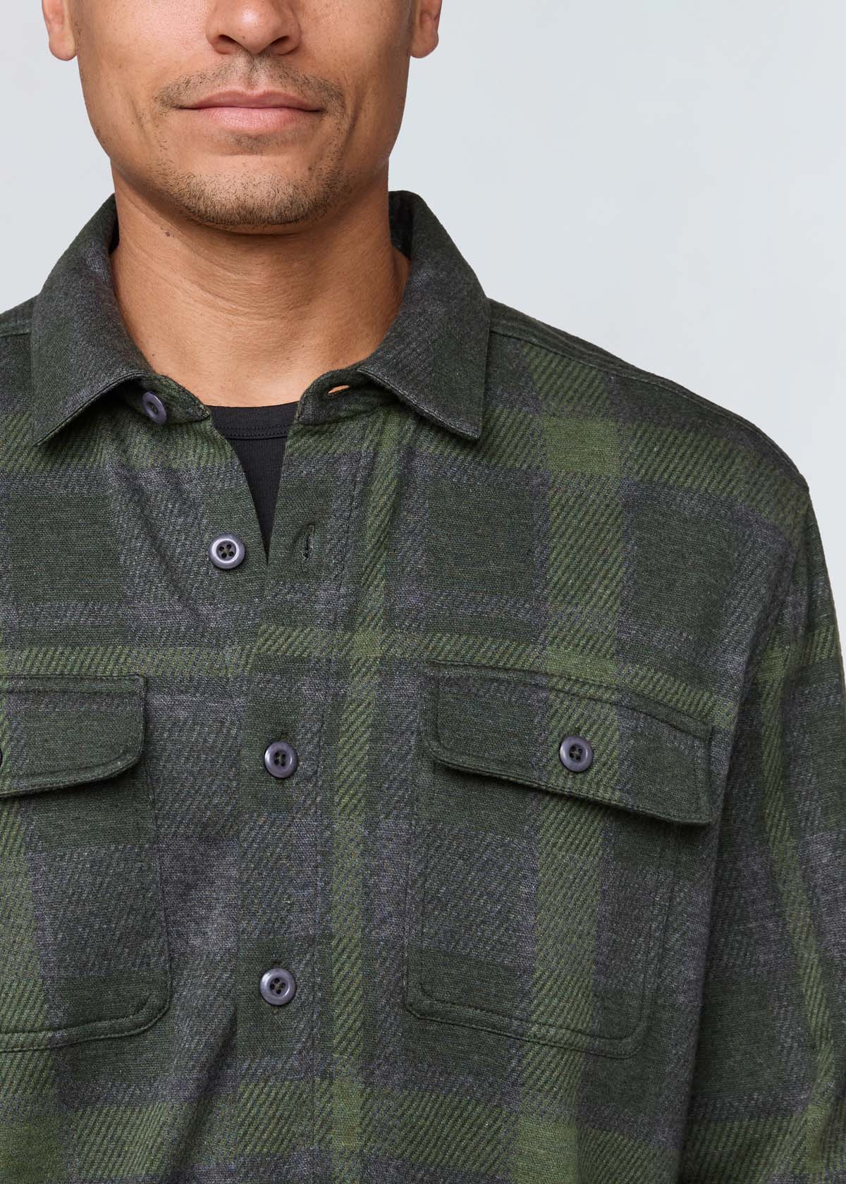 mens green plaid flannel button down front pocket and collar