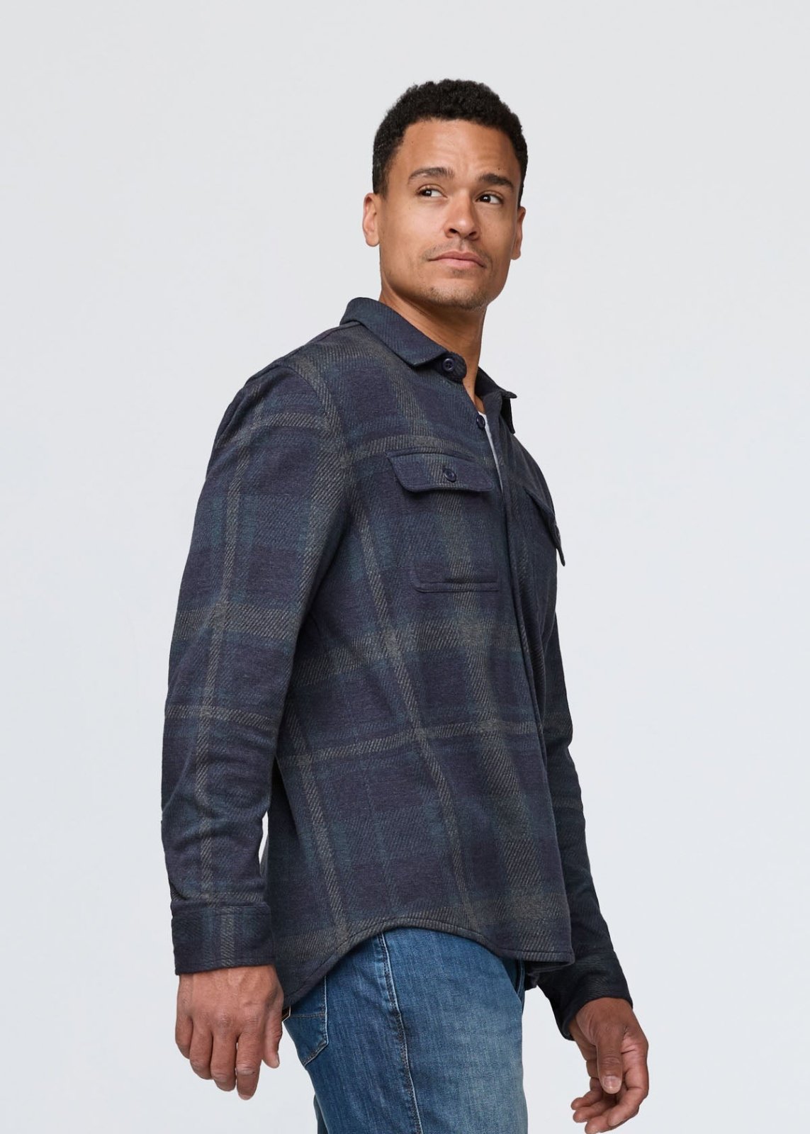 mens blue paid flannel button down side