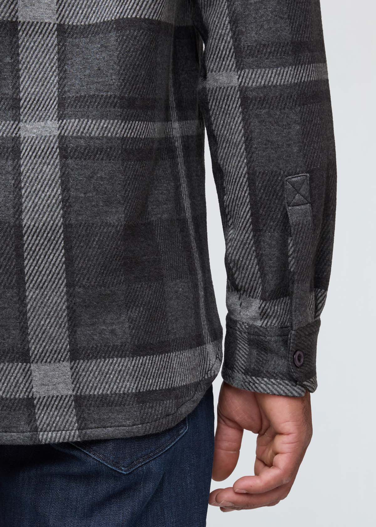 mens charcoal plaid flannel button down sleeve and hem detail