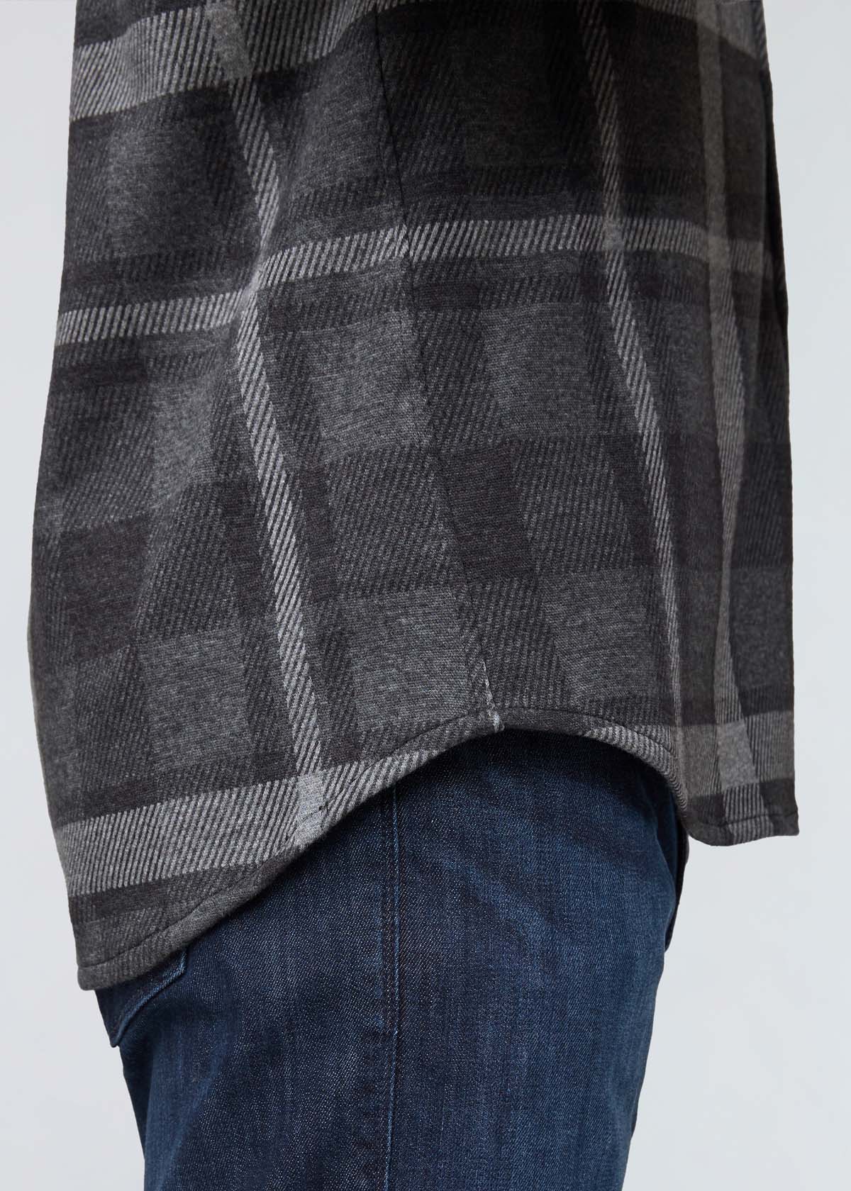 mens charcoal plaid flannel button down curved hem