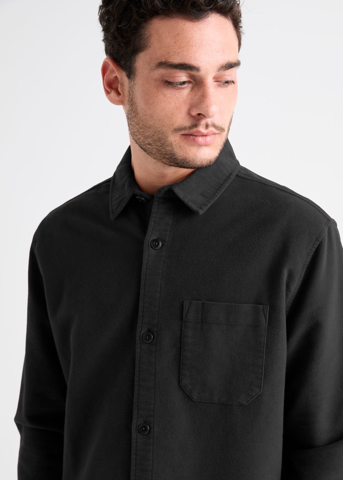 mens shadow black relaxed moleskin button up shirt collar and pocket detail
