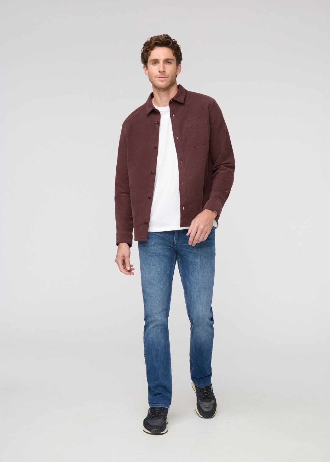 men's rich maroon relaxed moleskin button up shirt full body