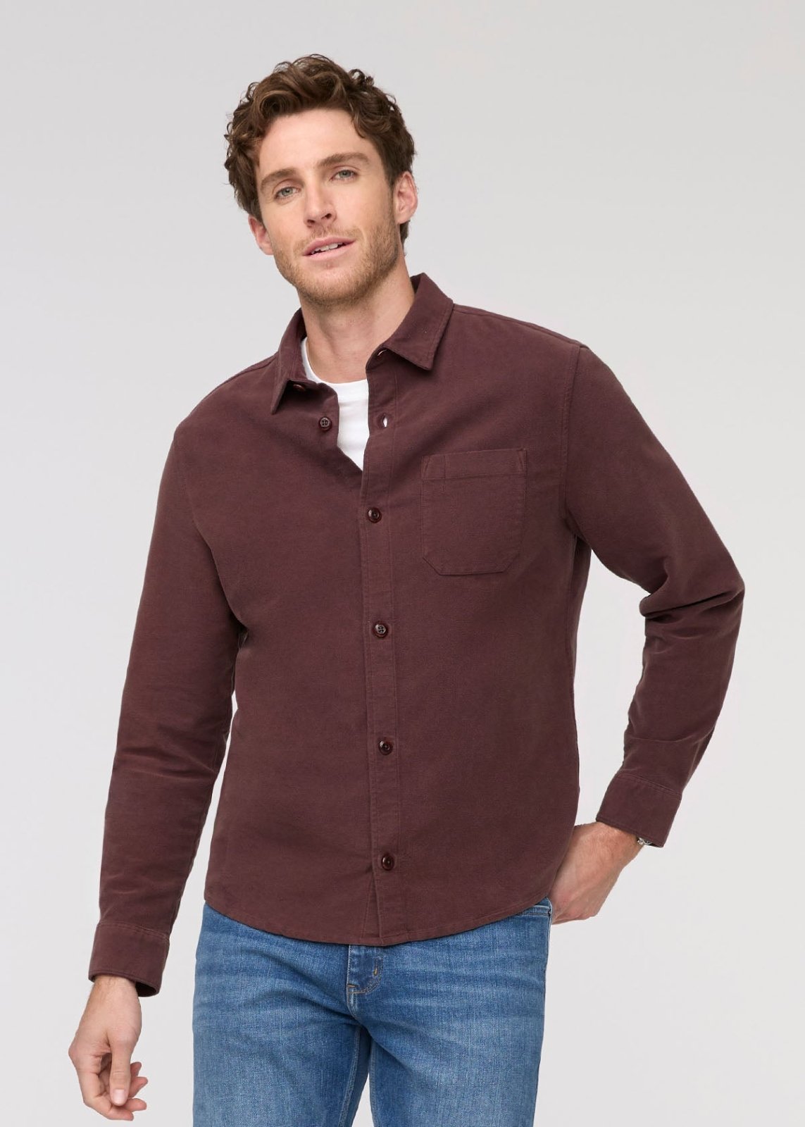 men's rich maroon relaxed moleskin button up shirt front
