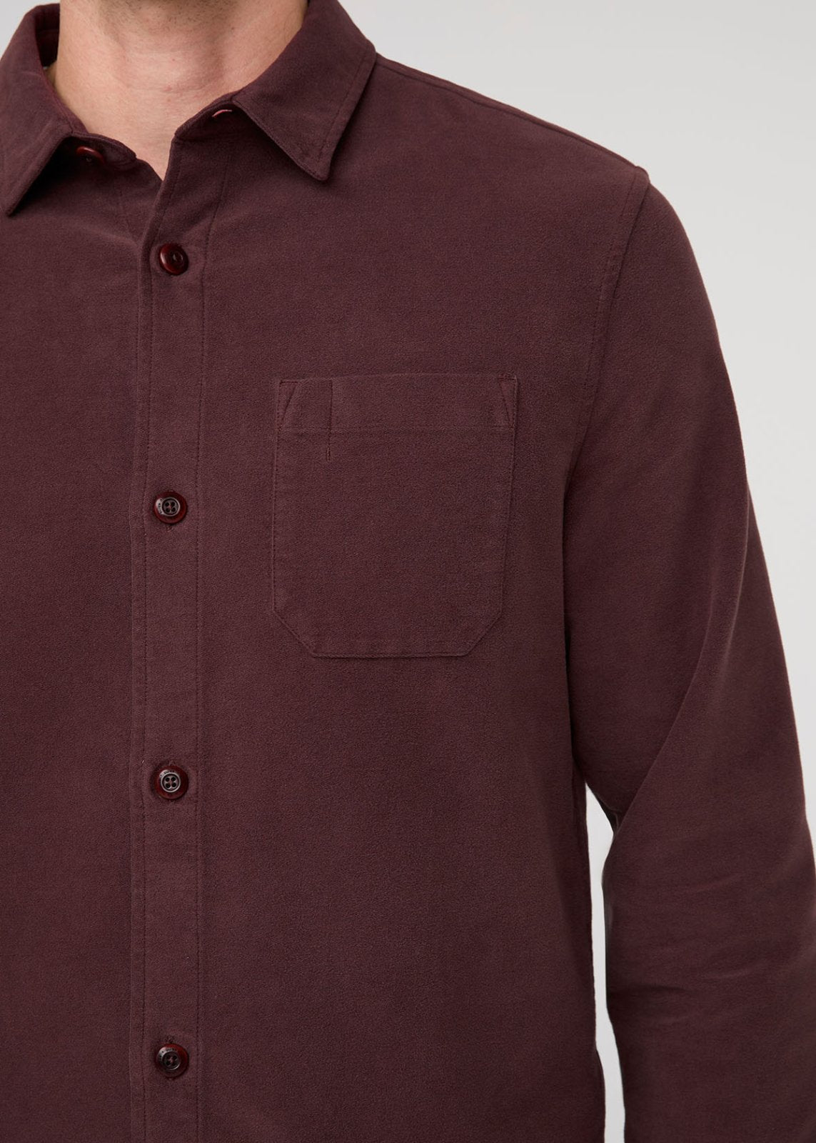 men's rich maroon relaxed moleskin button up shirt front pocket