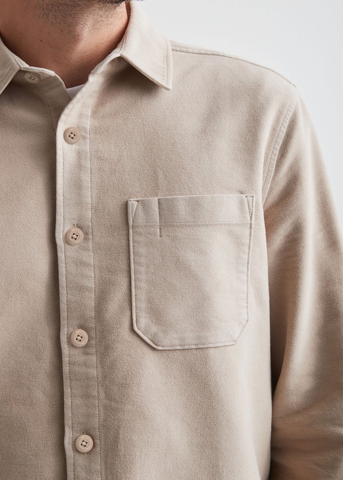 mens khaki brown relaxed moleskin button up shirt button and pocket detail